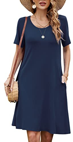 Bequemer Laden Damen Casual Sommer T Shirt Kleid Kurzarm Swing Kleider mit Taschen, L, Marine