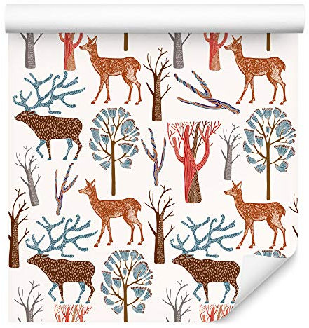 Muralo Tapete 10m Rolle Vlies Tapete Tiere Natur Waldtiere Bären Hirsche Rehe Vliestapete 1000 x 53cm Wand Tapete Wohnzimmer Kinderzimmer Moderne Wanddeko Wand Dekoration