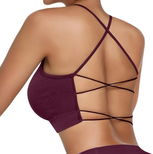 Vertvie Damen Sport BH Gepolstert Crossback Yoga Sports Bra Spaghettiträger Rücken Verkreuzt Gerippt Bustier Ohne Bügel Atmungsaktiv BH mit Abnehmbaren Cups(1pc: Weinrot,M)