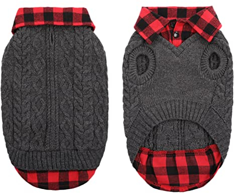 CITÉTOILE Warme Hundepullover mit Karomuster, Rollkragen & Leinenlöchern – Winter Welpenkleidung für kleine/mittlere/große Hunde Katzepullover für Weihnachten, Grau, M