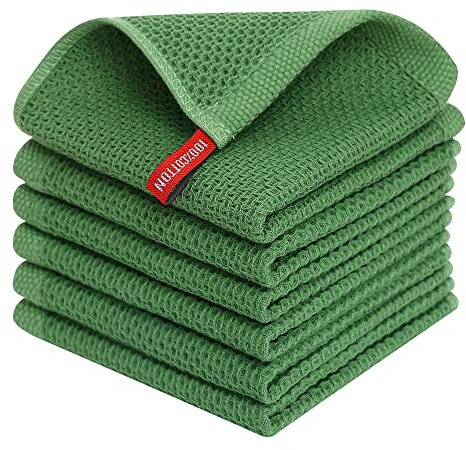 Homaxy 100% Cotton Waffle Weave Kitchen Dish Cloths, Ultra Soft Absorbent Quick Drying Dish Towels, 12 x 12 Inches, 6-Pack, Grass Green