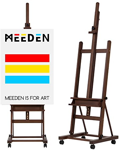 MEEDEN Groß Staffelei Holz H Fuß, Künstler Staffelein Höhenverstellbar 190-370 CM, Hält Leinwände bis zu 236 CM, Studio Künstler Staffelei mit Ablagefach und 4 Rädern
