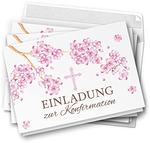 10 Einladungskarten Konfirmation - Motiv Kirschblüte rosa - moderne Klappkarten mit Umschlägen - Einladungen zu Konfirmationsfeier Einladung Karten