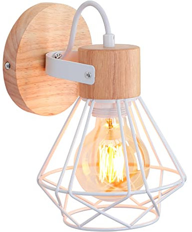 iDEGU Industrielle Wandleuchte 16cm Vintage Lampe aus Holz Metall mit Geometrischem Käfig E27 Retro Wandlampe Innen Verstellbare Wandlicht Deckenlampe für Schlafzimmer Flur Küche (Weiß, 1 Stück)