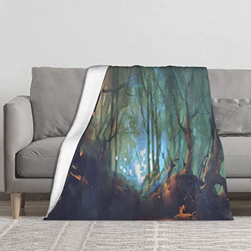 YINGD Couvertures en flanelle pour lit, réflexion de forêt fantaisiste dans un lac profond sombre mystique surréaliste, couverture bohème en peluche Reversi
