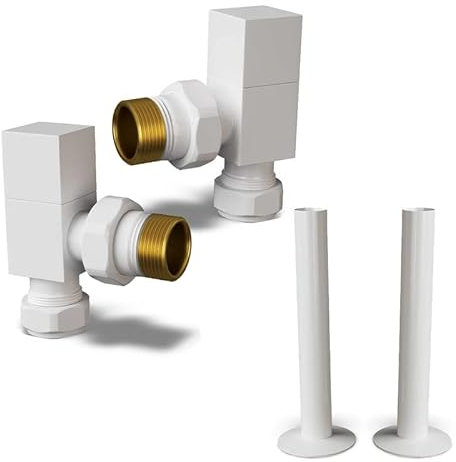 UK Radiators Square White Radiator Valves and Pipe Covers - White Gloss Finish - Classy and Modern Design 1/2 x 15mm Angled Radiator Valves - Pair of Valves with 130mm Pipe Covers