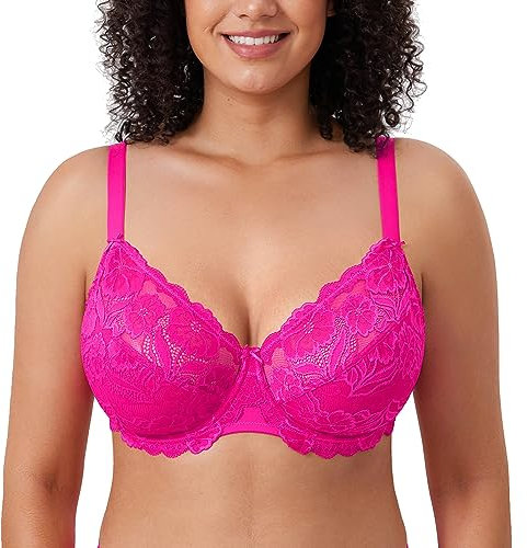 DELIMIRA Femme Soutien Gorge Grande Taille en Dentelle avec Armature sans Rembourré Rose Pailleté 105G