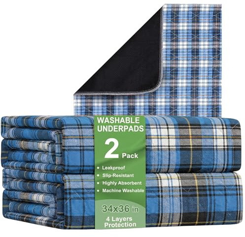 Inkontinenzeinlagen für Damen und Herren - Inkontinenz-Betteinlagen - waschbar und wiederverwendbar, wasserdicht, Matratzenschoner für Inkontinenz Erwachsene (Blue Plaid, 2er Pack - 91,4 x 86,4 cm)