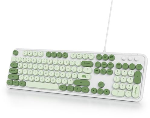 Owpkeenthy Typewriter Green Matcha Cute Keyboard with Floating Round Keys, Full Size Wired Retro Keyboard Click Feeling with Foldable Stands for Laptop Office PC Desktop Windows (Matcha)