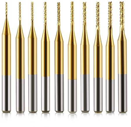 Trvoxviq PCB End Mills Set with Titanium Coat, 1/8 (3.175mm) Shank, 0.6-1.5mm Cutting Diameter CNC Router Bits CNC Rotary Burrs Milling Cutter for PCB Machine Mould Plastic (0.6-1.5mm, 10PCS)
