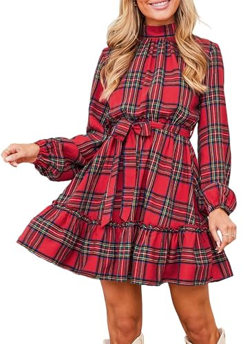 CUPSHE Damen Kleid Mock Neck Langarm Taillenschnürung Karomuster Weihnachten Kleid Freizeitkleider Party Elegant Mini Dress Rot kariert L