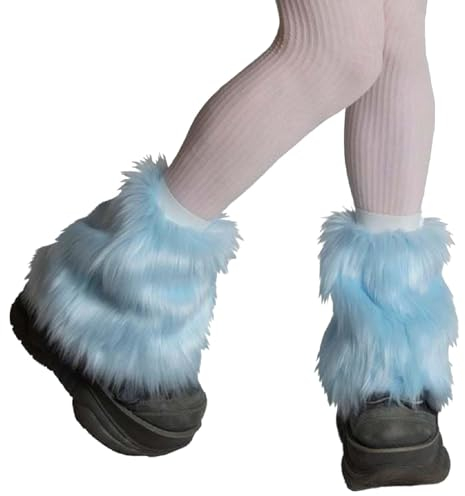 DRALOFAO Damen Kunstpelz Beinstulpen, Warme, Flauschige Plsch Stulpen Beinlinge/Stiefelrmel/Stiefelberzieher fr Damen Accessoire Set, Fell Stulpen, Blau