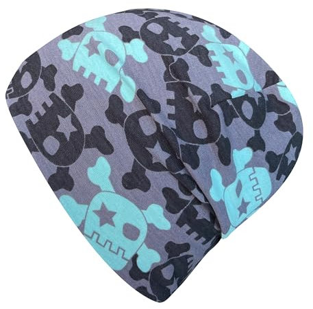 Wollhuhn Jungen/Mädchen Shorties Beanie/Beanie-Mütze/Kinder-Mütze Bequem Viele Motive Jersey Zweilagig Gefüttert Übergangszeiten (Öko-Stoffe/Bio) 2024202401 (Coole Skulls Grau/Mint, L)