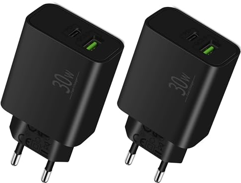 30W 2-Porte USB-C/A Caricatore Caricabatterie per Samsung Galaxy S25/S24/S23/S22/S21 Ultra, Note 20/10, A73/A53/A52/S10/S9, PD/QC Tipo C Alimentatore Adattatore Presa Spina, 2-Pezzi