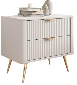 Mirjan24 Nachttisch Literpo mit 2 Schubladen, geriffelte Fronten, Metallfüße, Aluminiumgriffe, Nachtschrank, Nachtkonsole, Nachtkommode, Beistelltisch, Schlafzimmerkommode (Beige)