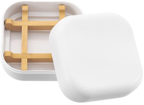 sourcing map Wooden Soap Holder, Detachable Self Draining Square Soap Dishes with Lid, Wooden Bamboo Soap Bar Tray for Shower (Double Pack Rounded White)