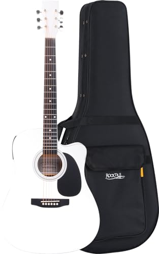 Classic Cantabile WS-10WH-CE Westerngitarre Softcase Set - Dreadnought-Style mit Cutaway - Decke, Boden, Zargen: Linde - Tonabnehmer - 3-Band-EQ - Stimmgerät - inklusive Leichtkoffer - Weiß
