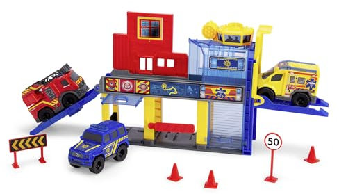 Dickie Toys 203713017 SOS Mini Rescue Station and 3 vehicles licensed by Mercedes-Benz, police car, fire truck and ambulance, elevator, downhill ramp.
