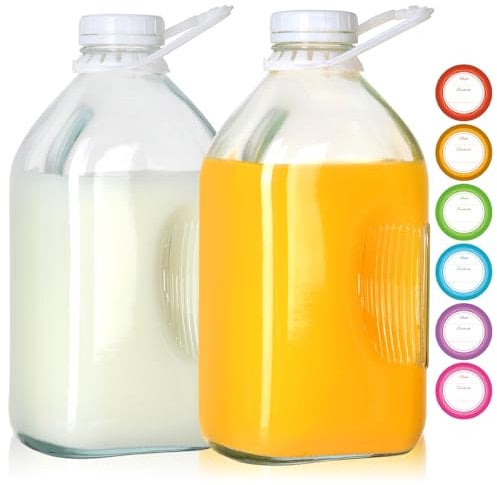 TOEKSIX Lot de 2 bouteilles de lait en verre de 1900 ml avec couvercles hermétiques à visser – Bouteilles de jus en verre de 1,9 L, réutilisables pour jus, eau, lait, pot à lait, pichet en verre