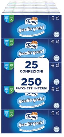Foxy Hypoallergen | Taschentücher | 25 Packungen mit je 10 Taschentüchern | 4-lagig | FSC-zertifiziert | recycelbare Verpackung | 100% erneuerbare Energie