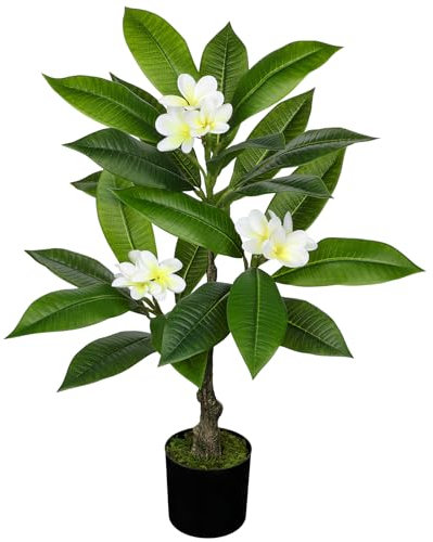 Hollyone 75 cm Kunstpflanze Wie Echt, Tropischer Kunstbaum mit Hawaiianischer Plumeria Weiß, Faux Frangipani Blume Zimmerpflanze für Heimdeko, Wohnzimmer, Schlafzimmer, Büro Dekoration