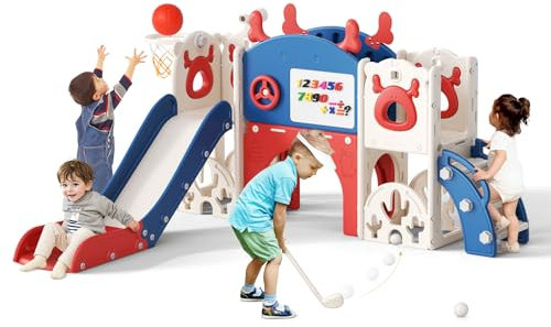 Toboggan élan de Noël,Toboggan 11 en 1 pour Tout-Petits,avec Panier de Basket,Structure d'escalade,télescope, Rangement, Arche Rampante, Golf,Planche à Dessin,Toboggan Extra Long 1310mm(Bleu-Rouge)