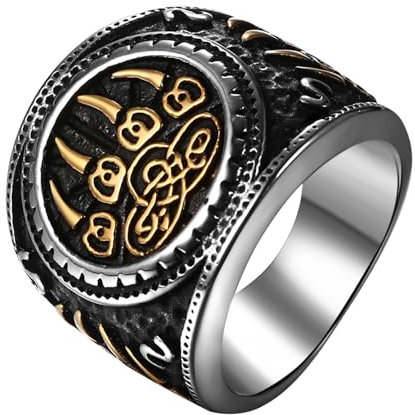 JewelryWe Wikinger Bärenklaue Ring Herren: Vintage Edelstahl Herren-Ring Nordisch Bär Klaue Keltische Knoten Siegelringe Fingerringe Bandringe Punk Rock Biker Amulett Schmuck Gold Silber Größe 67