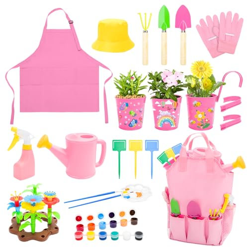 deAO Outils De Jardinage pour Enfants Graffitiable avec Râteau, Pelle, Arrosage, Tablier, Bricolage en Tout-Petit Ensemble Et Pots De Plantes, Arrosoir,Ensemble De Jardinage en Plein Air(Rose)