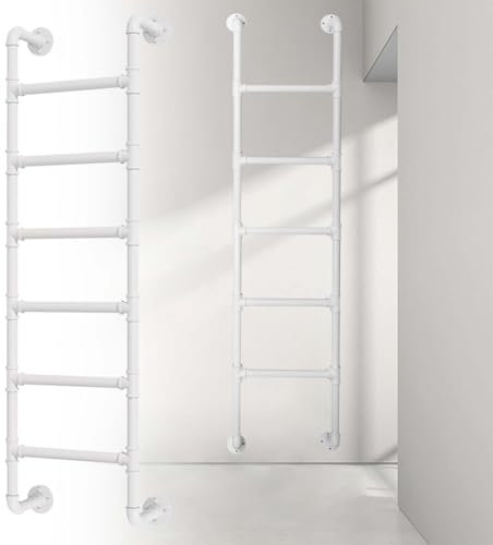 Wall Mounted Attic Loft Ladder 100-300cm White Metal Round Tube Window Well Egress Ladder High Sleeper Bunk Bed Ladder Universal Climbing Ladder for Home Dorm Appartments(165cm/65i