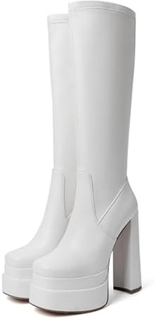 Meinabsatz Stivale da donna con tacco alto al ginocchio, con tacco alto, punta quadrata, bianco, 37 EU