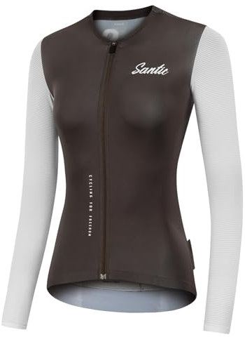Santic Women's Cycling Jersey Long Sleeve Tops Pro Bike Shirt Full Zipper UPF 50+ MTB Jersey with Pockets, White, L