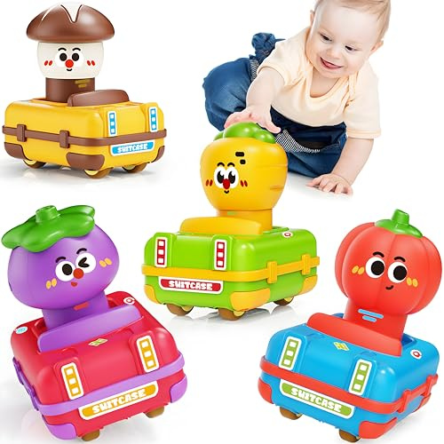 MOONTOY 4 Stück Gemüse Auto Spielzeug ab 1 Jahr Kinder, Drück & Los spielzeugautos für Spielzeug 1 2 3 Jahr, Kleinkind Push-and-Go Auto Set, Geschenk für Jungen Mädchen 18 Monate