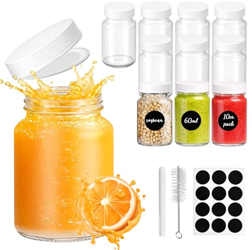 FZSECRIU 10 Stück Shot Flaschen zum Befüllen 60ml,Wiederverwendbare kleine Glasflaschen zum Befüllen,Ingwer Shot Flaschen,Mini Glasflaschen,Shotgläser mit Deckel,Etiketten und Stift für Saft,Probe