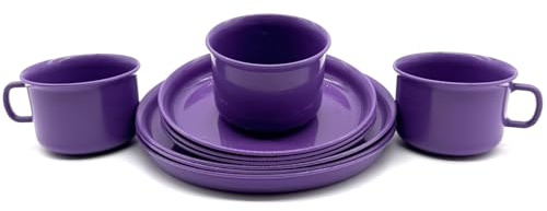 Lot de 3 vaisselle pour 3 personnes, couleur violet, service à café, 3 tasses, 3 assiettes de 14 cm et 18 cm en plastique
