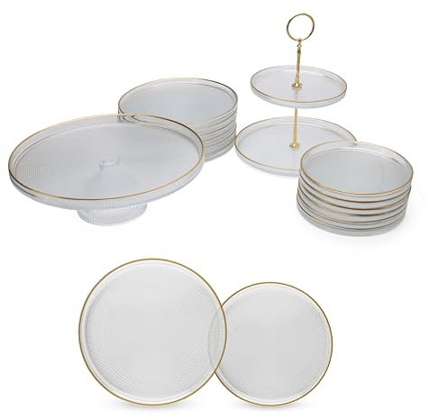 Fecra Juego de Postre de 14 Piezas de Vidrio– Juego de Presentación y Servicio Loren para 6 Personas - Set de Postre Loren con Soporte