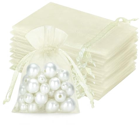 jijAcraft Cream Organza Gift Bags: 7x9cm Small Organza Drawstring Pouches, 50Pcs Wedding Jeweller Bags, Party Sweet Pouches for Wedding, Birthday, Party, Gift Wrapping
