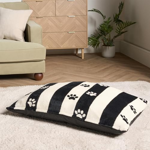 OHS Washable Dog Bed Small Stripe Paw Print, Soft Warm Pet Bed for Small Dogs Cats Anti Slip Bottom Dog Mat Mattress Anti-Anxiety Calming Puppy Pillow, Monochrome - 80 x 60cm