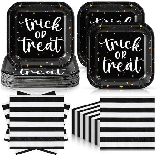Zhehao 72 Pcs Halloween Trick or Treat Party Supplies Set Serve 36, 7 Square Paper Dessert Plates and Trick or Treat Napkins Disposable Dinnerware Decoration for Spooky Halloween 2025 Holiday