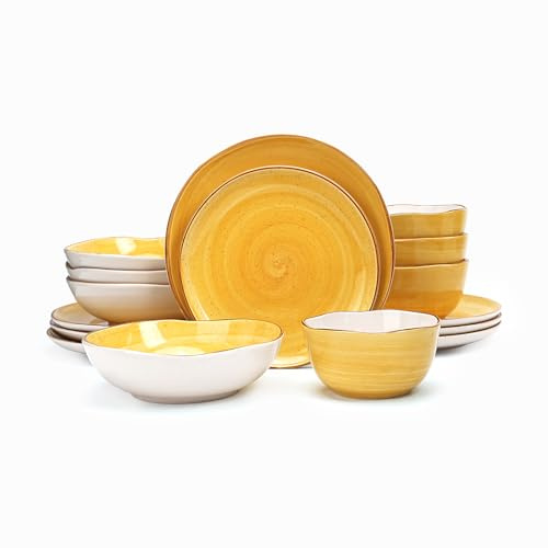 Highland - Juego de vajilla de 16 piezas para 4, juego de platos y cuencos de cerámica de forma orgánica (Amarillo)