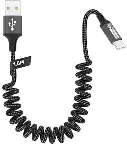 Zestiq Cavo USB C Spirale 1,5m, Cavo Retrattile USB Tipo C per Carplay, Cavo di Ricarica USB A a Tipo C Android Auto Compatibile con iPhone 17, 16, 15, iPad, Samsung Galaxy, Google Pixel - Nero