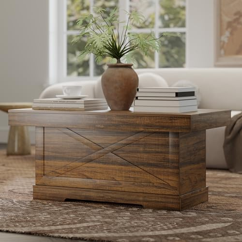 Gurexl Couchtisch Rustikaler mit X-Design für Wohnzimmer Braun,Holz Sofatisch klein mit Retro Brauner Desktop für Schlafzimmer,Wohnung,Persönliches Büro,Einfache Montage,110 x 55 x 46 cm