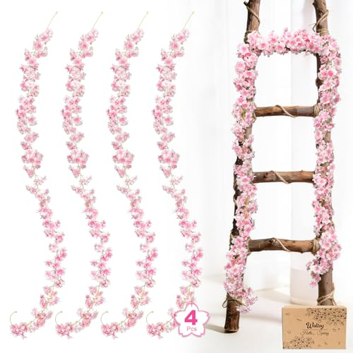 Woltoy 4 Stück Kunstblumen, 1.8m Rosa Kirschblüten Girlande, Künstliche Blumen Ranken für Wand, Treppe und Hochzeitsdekoration, Deko Wohnzimmer