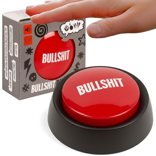 MIJOMA Bullshit Button – Lustiger Partyknopf mit 6 englischen Sprüchen – Gag-Geschenk für Büro & Freunde – Sound Button aus Kunststoff – 9 cm