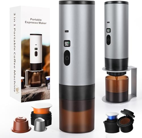 LAMA Tragbare Kaffeemaschine Elektrische Espressomaschine mit Kaffee Tropfständer 20Bar Mini Kapselmaschine,Kompatible mit Kaffeekapseln Kaffeepulver, Sofortiges Aufwärmen für Camping Auto Reise, Grau