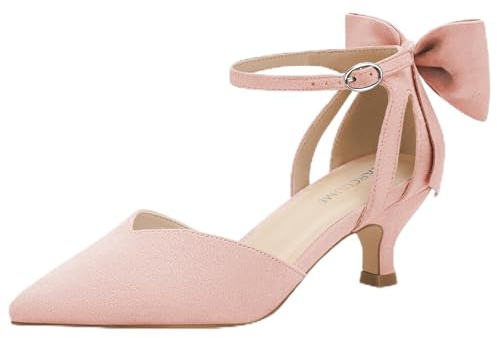 Carcuume Women's Kitten Heels with Bow Closed Toe Sandals Ankle Strap Wedding Pump Shoes