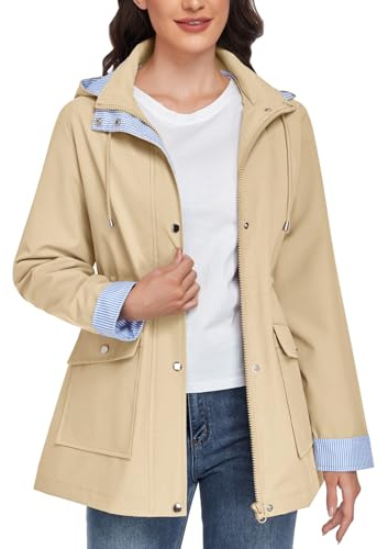 heekpek Veste Imperméable Femme Longue Coupe Vent Rayé Parka de Pluie avec Capuche Léger Manteau Mi Saison Vêtements Printemps Automne Vestes Zippé Chic Blousons d'Extérieur(Khaki, XXL)