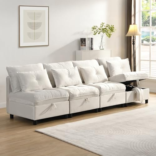 UIXENI Cloud Sofa with Sleep Function, 4-Seater Modular Sectional Sofa Couch Chenille Cover with Storage for Living Room (Beige)