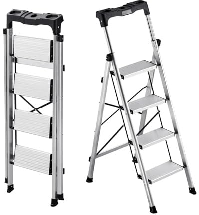 VEVOR Scaletta Pieghevole Salvaspazio con 4 Gradini con Ampio Pedale Antiscivolo e Impugnatura Comoda, Scala a Pioli Portatile in Alluminio con Capacità di 150 kg, Multiuso per Cucina, Casa