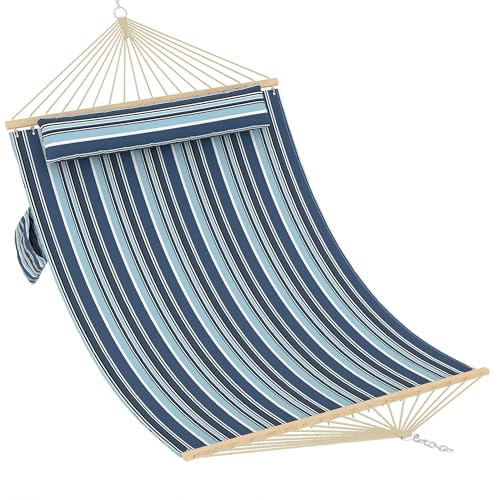 Garvee Double Quilted Hammock for 2 Person, 3.5m Large Garden Hammock with Wooden Spreader Bar & Detachable Pillow, 204kg Capacity Outdoor Swing Bed with Chains, Blue Stripes
