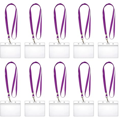 10x Lanyards Schlüsselbänder 1 cm breit mit 10x Ausweishüllen ZIP Kartenhalter flexibel & wasserdicht horizontal/vertikal für 1-2 Ausweise Karten Schutzhülle für Ausweise (10x Lila Horizontal)